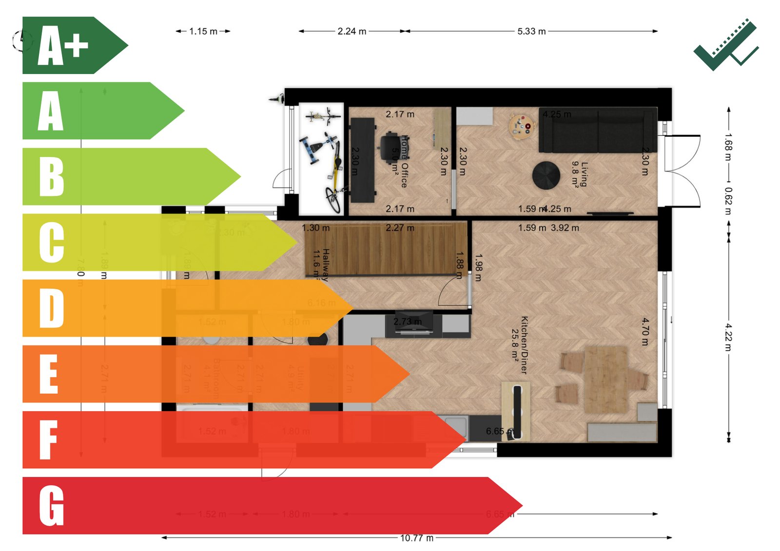 Floor plan with energy efficiency ratings.