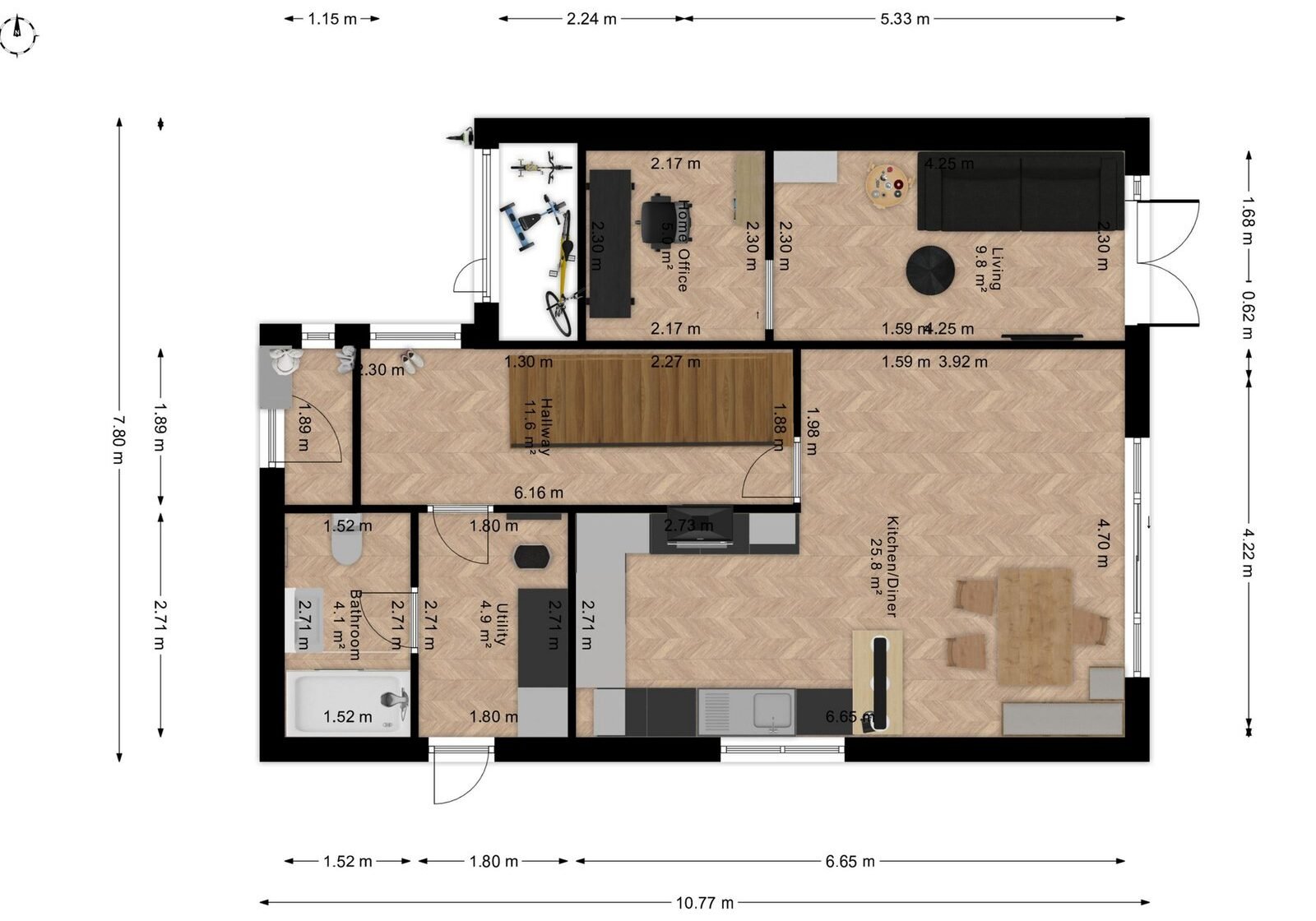 Modern apartment floor plan with dimensions and furniture layout.