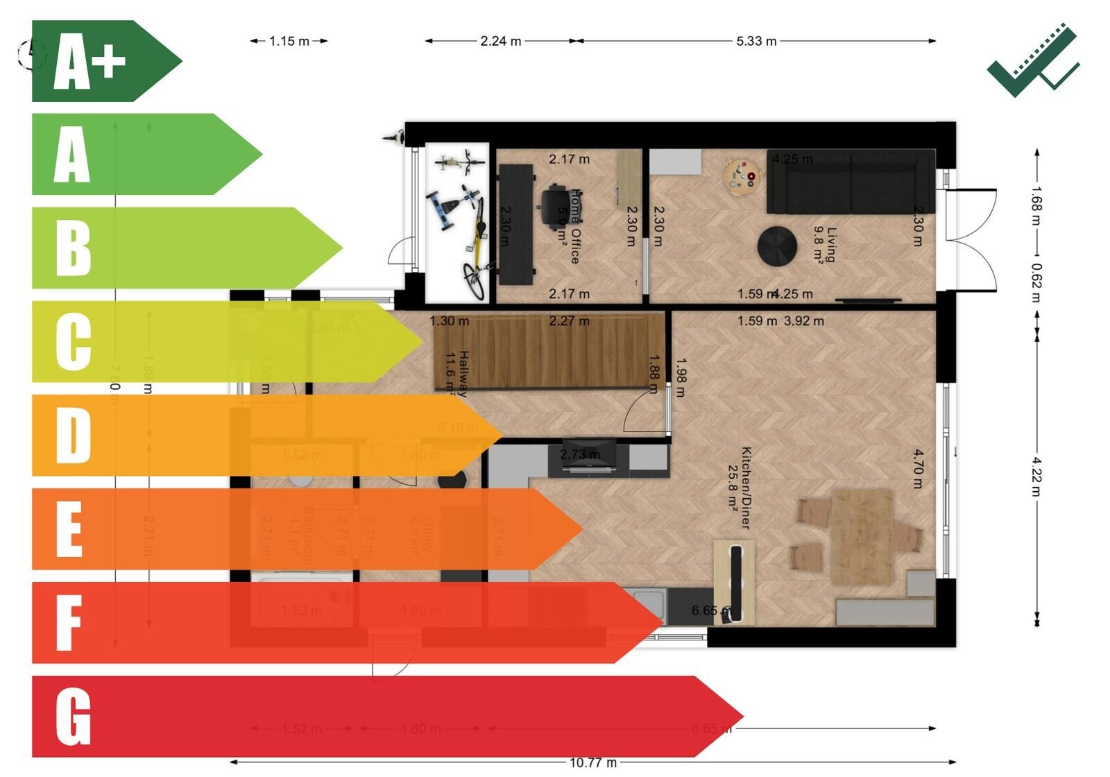 Floor plan with energy efficiency ratings.